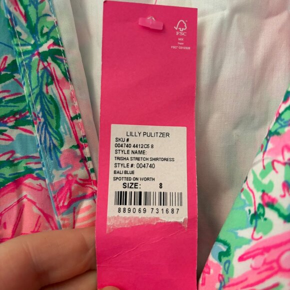 NWT Lilly Pulitzer Trisha Stretch Shirtdress, Bali Blue (Pink and Green), Size 8 - Picture 4 of 6